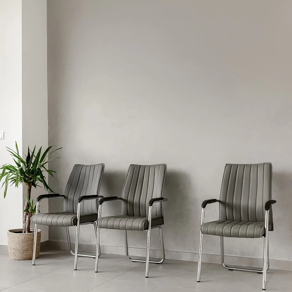 Scaun vizitatori gri HRC 614 din piele ecologică și cadrul cromat metalic