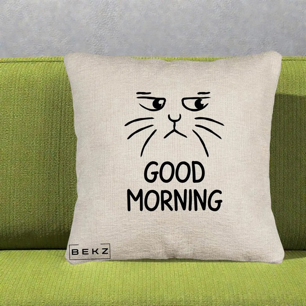 Perna Decorativa Pisica Morocanoasa Good Morning, 40x40 cm, Bej Canapea, Husa Detasabila, Perna Inclusa, BEKZ®