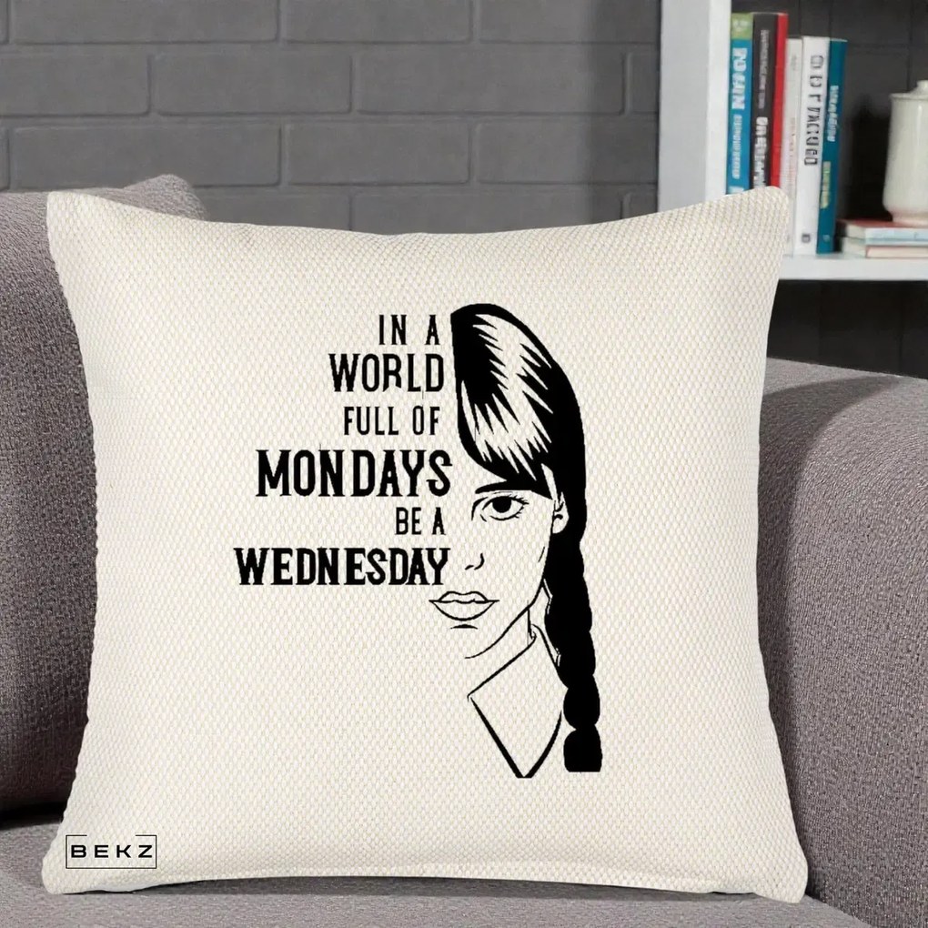 Perna Personalizata Wednesday Be a Wednesday, 40x40 cm, Crem Reliefat, Husa Detasabila, Perna Inclusa, BEKZ®
