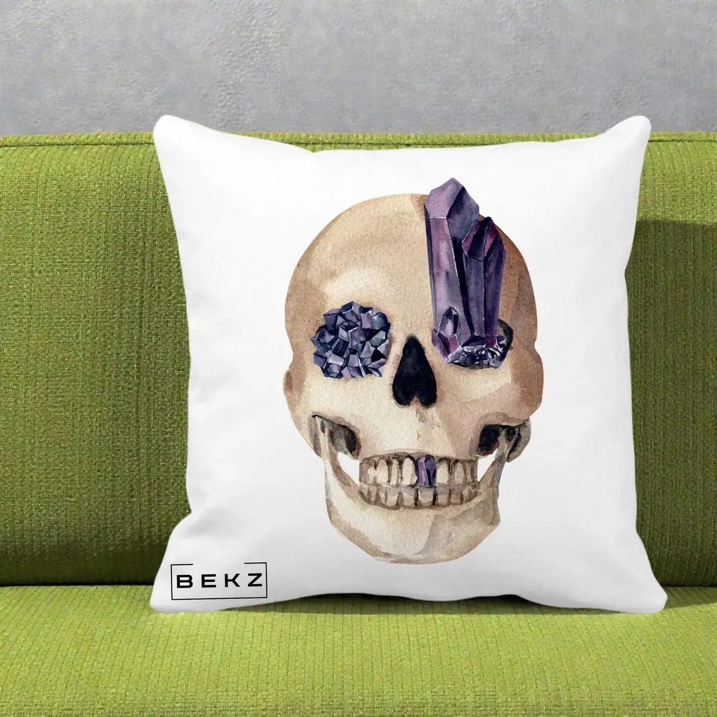 Perna Decorativa Craniu cu Cristale de Ametist, 40x40 cm, Alba Mata, Husa Detasabila, Perna Inclusa, BEKZ®