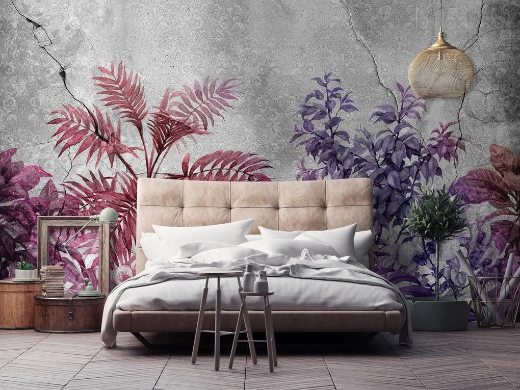 Fototapet - Plante pe beton - violete (254x184 cm)