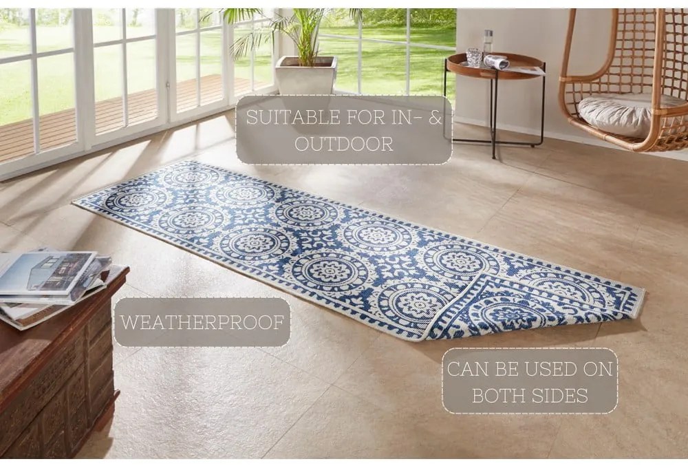 Covor adecvat pentru exterior NORTHRUGS Jardin, 80 x 250 cm, albastru-crem