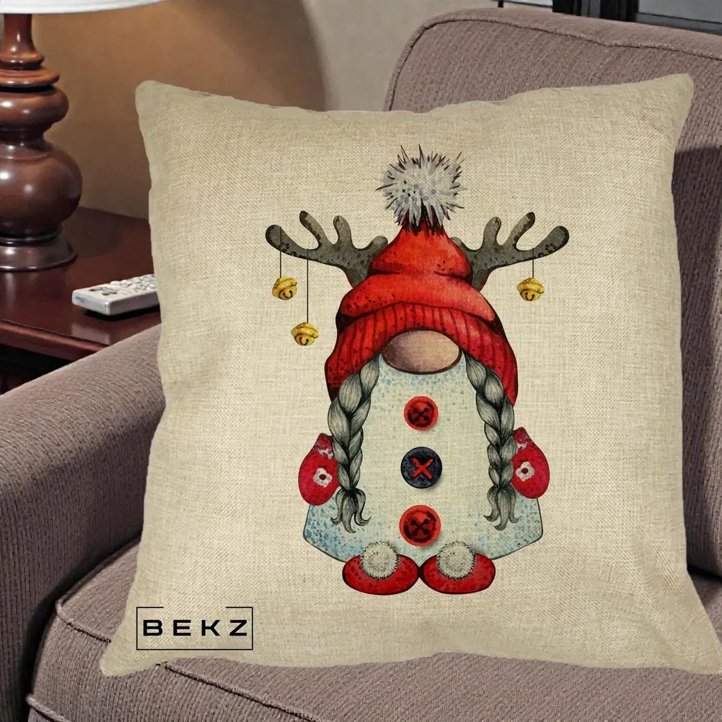 Perna Decorativa Pitic Gnom Craciun cu Coarne de Ren, 40x40 cm, Crem, Husa Detasabila, Perna Inclusa, BEKZ®