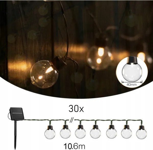 Ghirlandă solară decorativă cu 30 LED, 8 funcții, acumulator 500 mAh, 10,6 m, IP67, alb cald