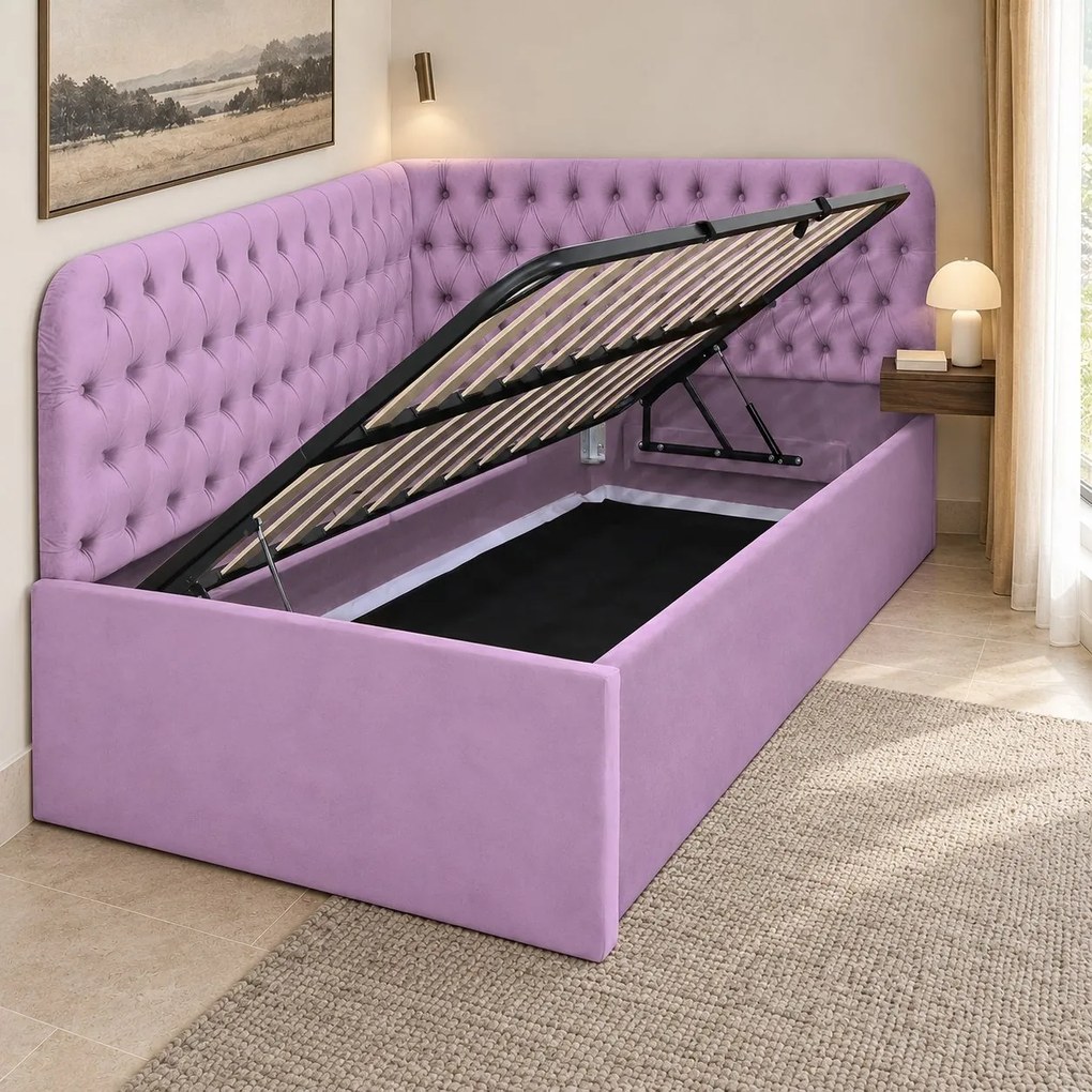 Pat tapițat pentru copii din catifea Elyra 120×200 cm, lila, colț stânga, cu ladă de depozitare