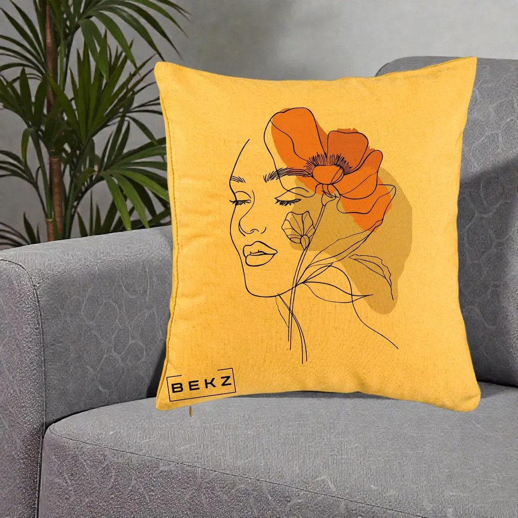 Perna Decorativa Portret Feminin Mac Mare Portocaliu, 40x40 cm, Galben, Husa Detasabila, Perna Inclusa, BEKZ®