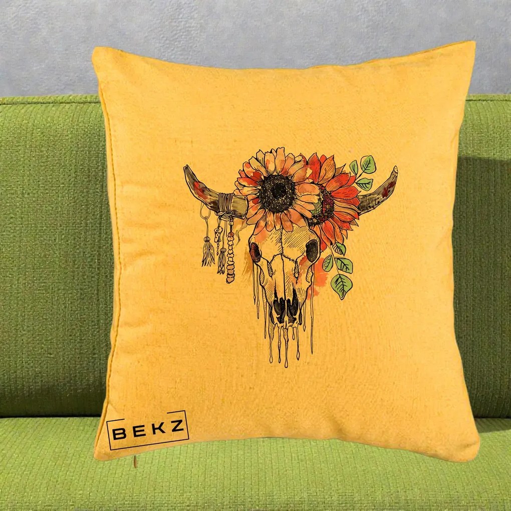 Perna Decorativa Craniu Boho Floral, 40x40 cm, Galben, Husa Detasabila, Perna Inclusa, BEKZ®