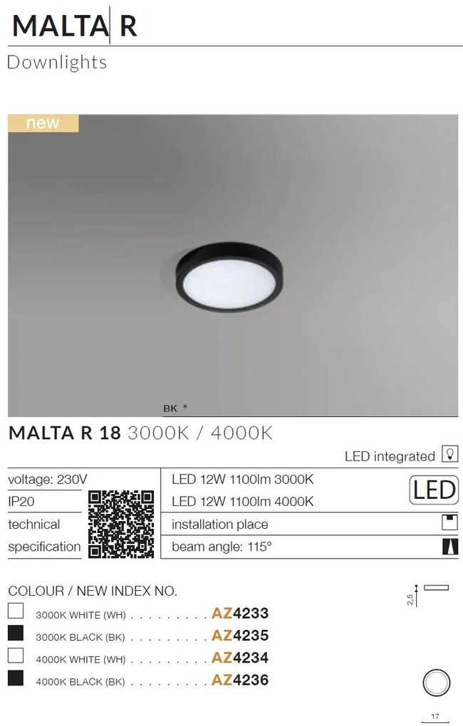Mini Plafoniera LED design slim MALTA R 18 3000K alba