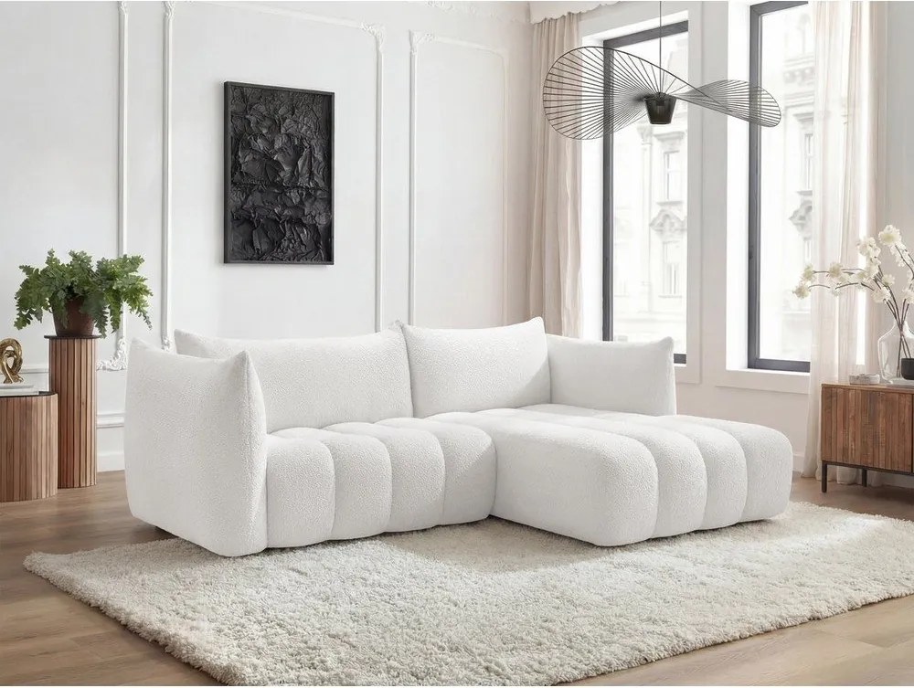 Colțar alb cu tapițerie din țesătură bouclé (cu colț pe partea dreaptă/cu șezlong) Azra – Bobochic Paris