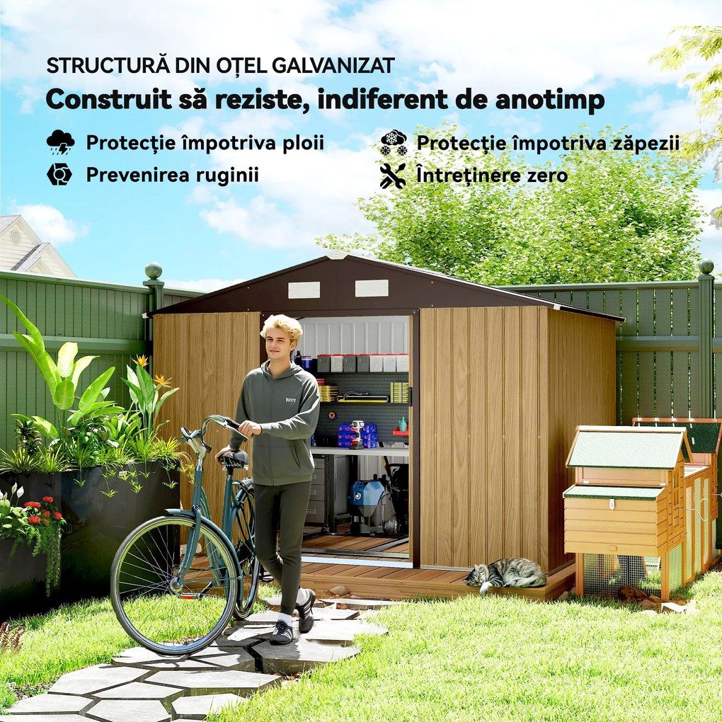 Outsunny Magazie de grădină 4,9 m² din oțel, cu ușă dublă glisantă și acoperiș înclinat, maro deschis | Aosom Romania