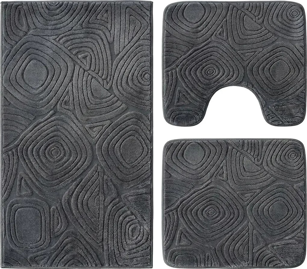 Set covoare baie antiderapante, 3 piese, antracit, textura soft triunghi