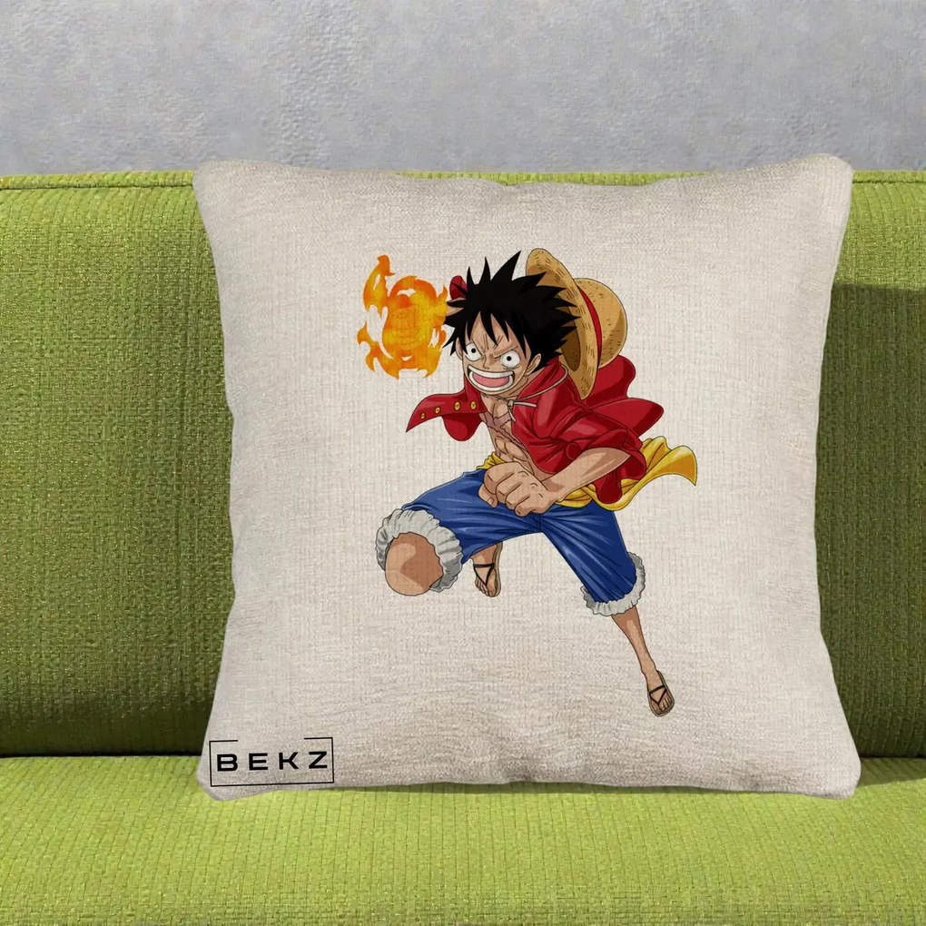 Perna Personalizata One Piece Luffy Gear Second Foc, 40x40 cm, Bej Canapea, Husa Detasabila, Perna Inclusa, BEKZ®