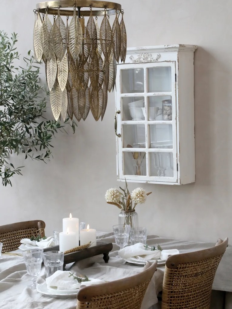 Dulap de perete shabby chic, alb antichizat, cu 2 polițe și ușă din sticlă