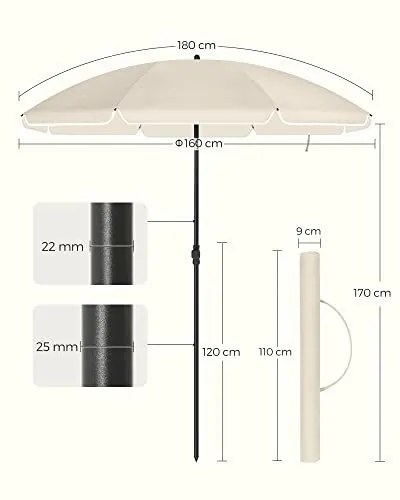 Umbrela de gradina crem din poliester si metal, ∅ 160 cm, Vasagle