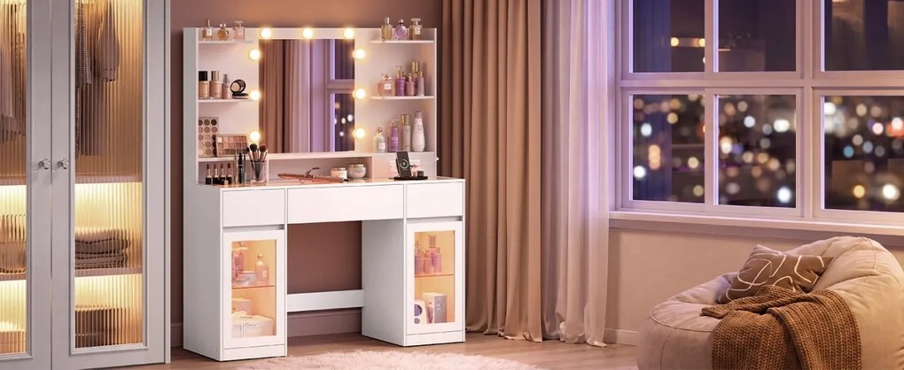 Masuta de machiaj 107 cm, cu Oglinda LED si 3 Sertare pentru Cosmetice, Set Masa toaleta Alba, masuta cosmetica, vanity cu dulapiore si rafturi -