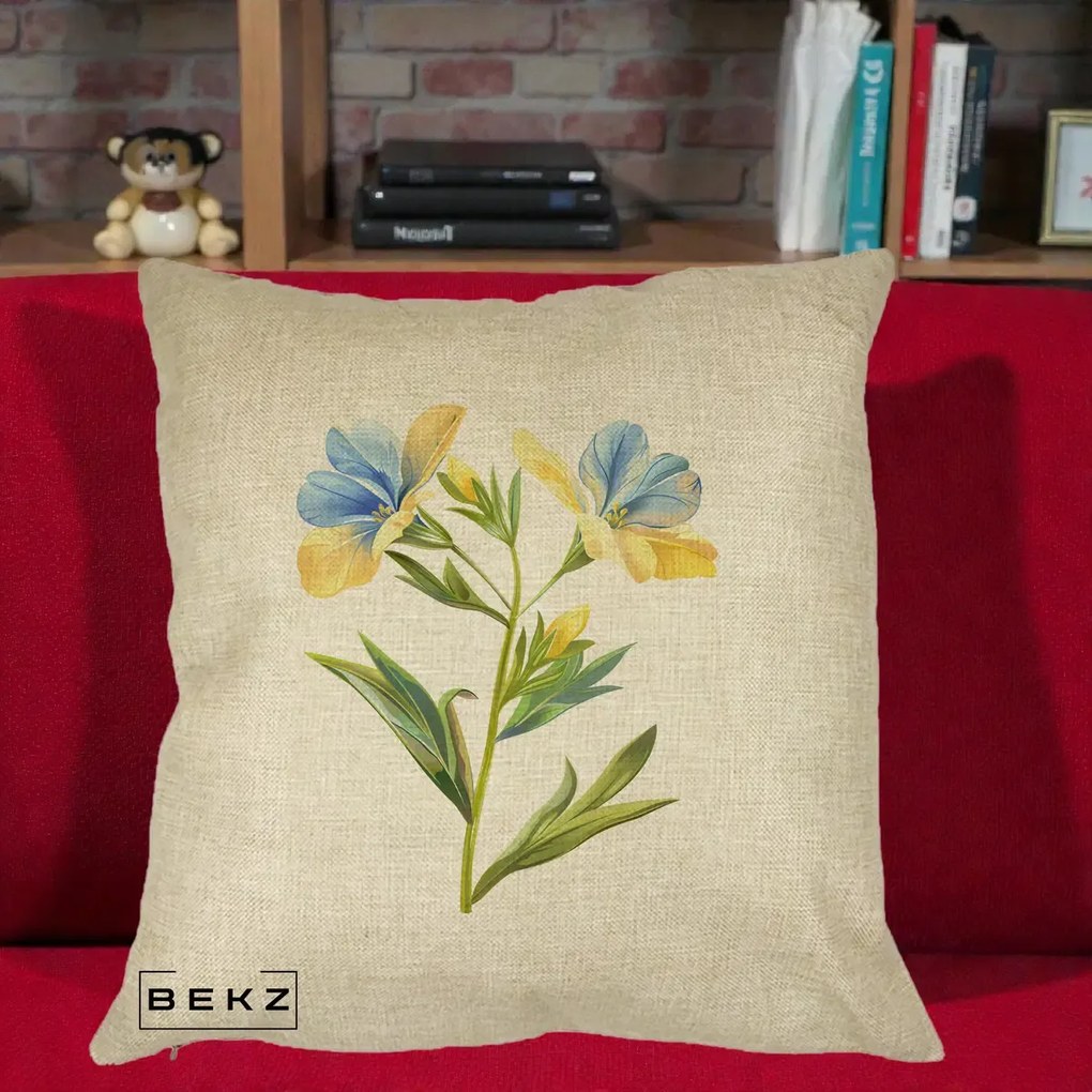 Perna Decorativa Botanica Frezie Galbena si Albastra, 40x40 cm, Crem, Husa Detasabila, Perna Inclusa, BEKZ®