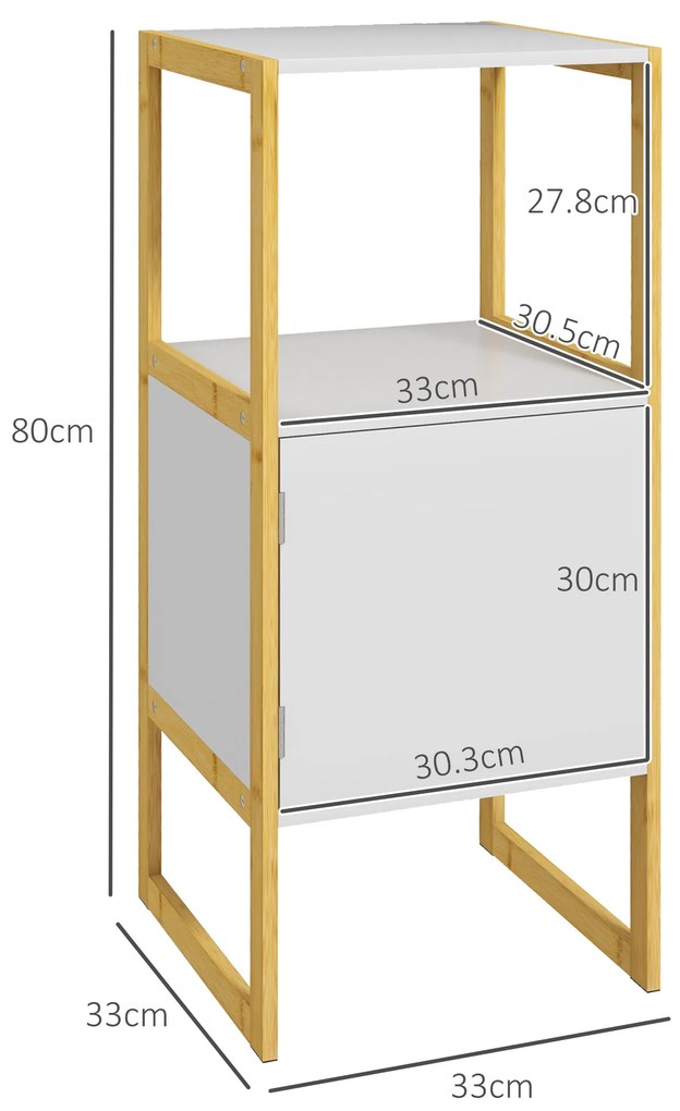 HOMCOM Dulap de Podea pentru Baie, Dulap de Depozitare pentru Baie cu Cadru din Bambus, Raft Deschis și Ușă, 33x33x80 cm, Alb | Aosom Romania