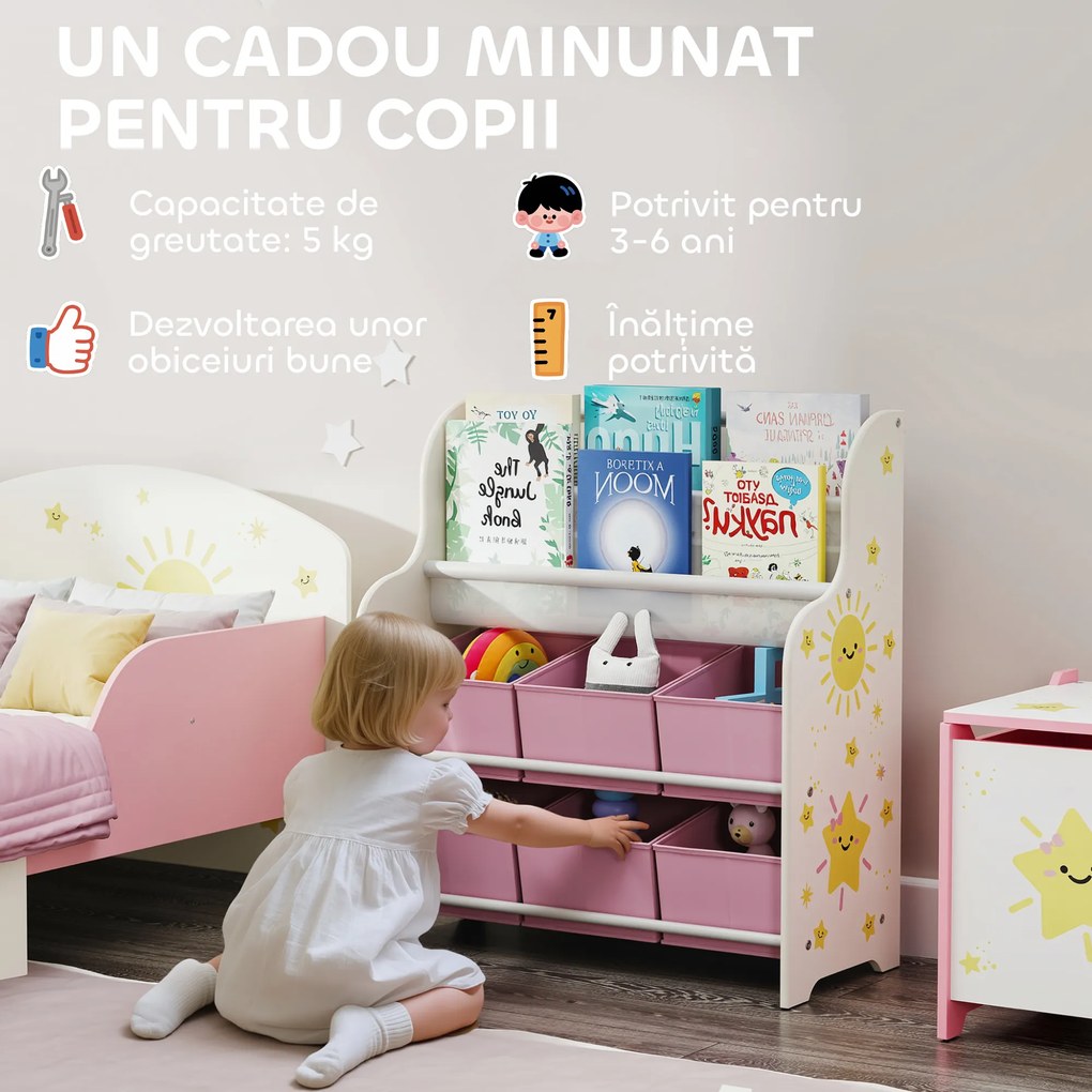 AIYAPLAY Raft pentru Jucării cu 6 Sertare și Bibliotecă cu 2 Nivele Roz | Aosom Romania