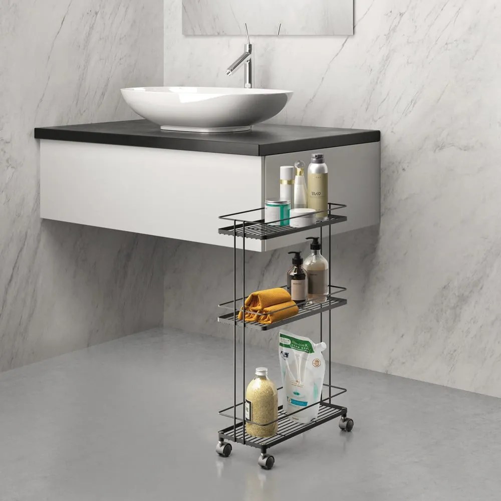 Etajeră pe roți negru-mat din oțel 38x62x16 cm Lava – Metaltex