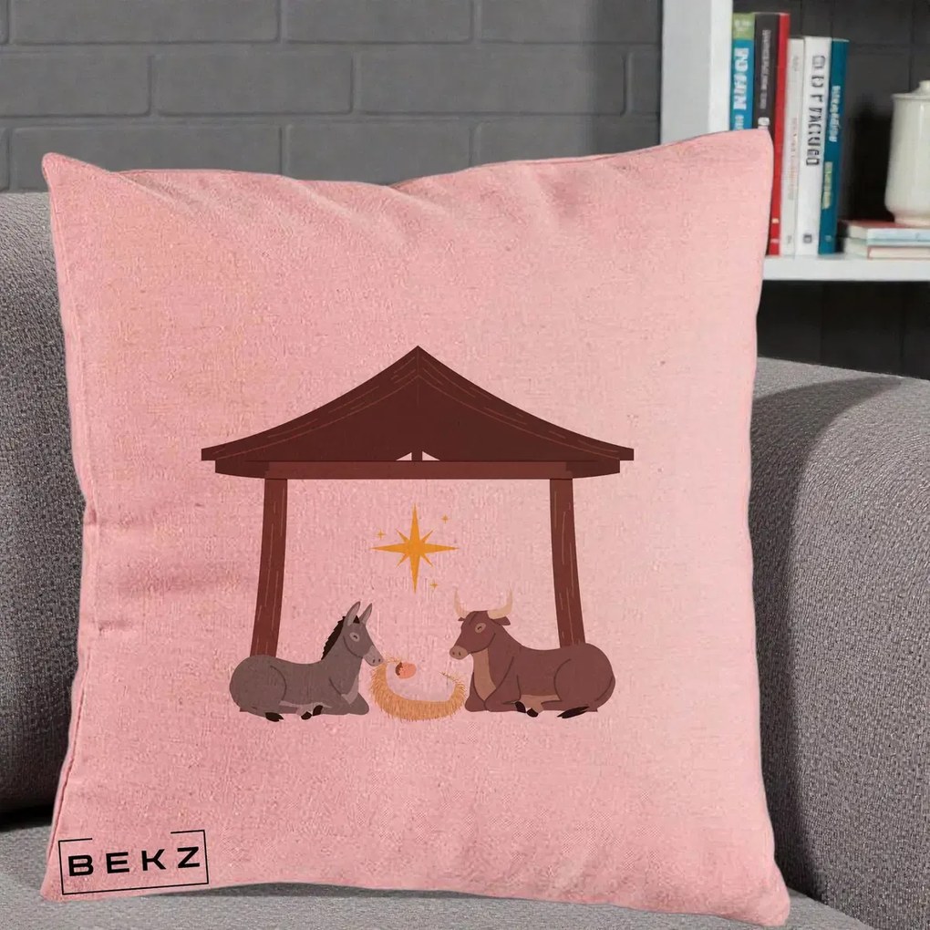 Perna Decorativa Ieslea din Betleem cu Iesle Asin si Bou, 40x40 cm, Roz, Husa Detasabila, Perna Inclusa, BEKZ®