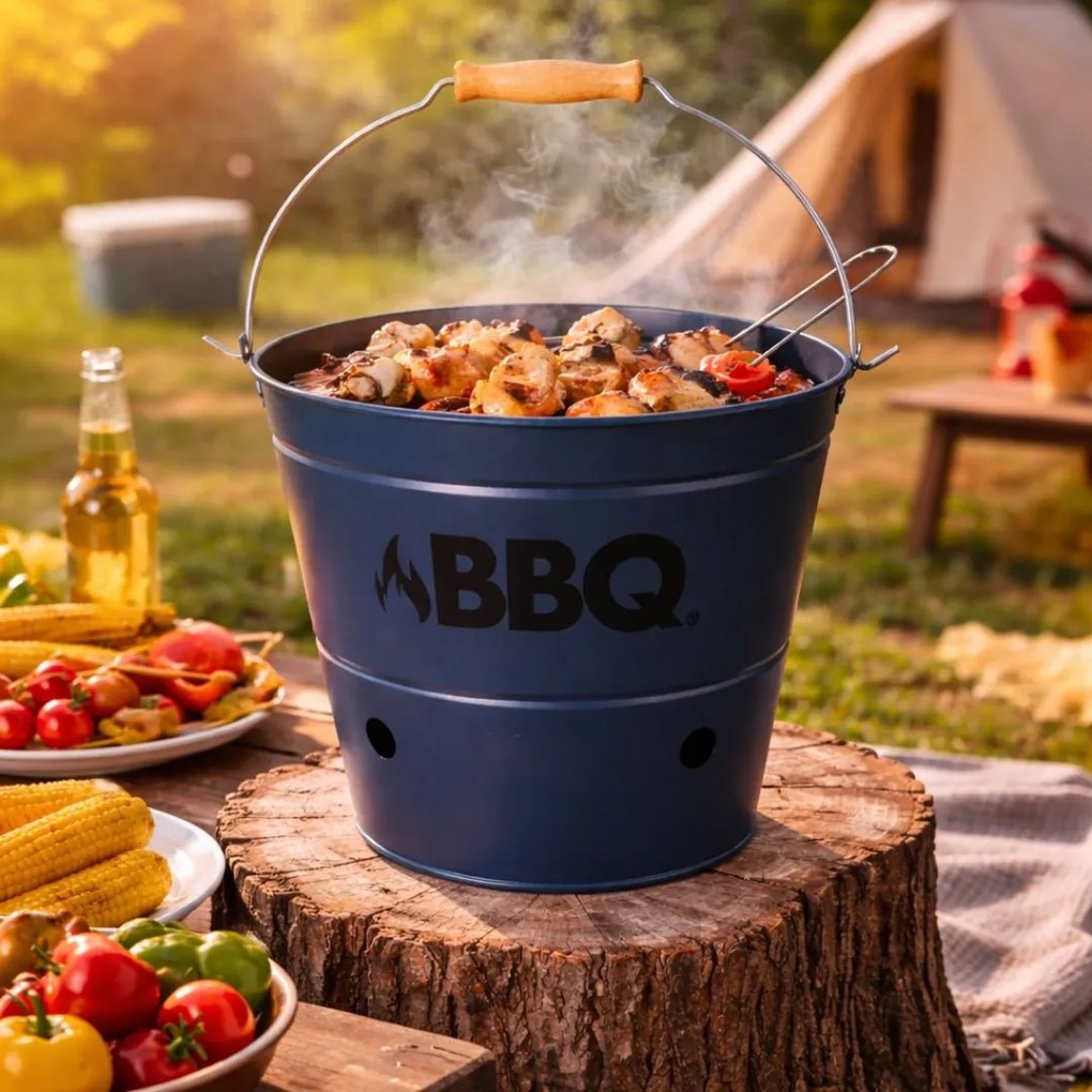 Găleată grătar BBQ portabilă Ø26 cm, metal zincat, culoare bleumarin mat, cu grătar și mâner, pentru camping și picnic