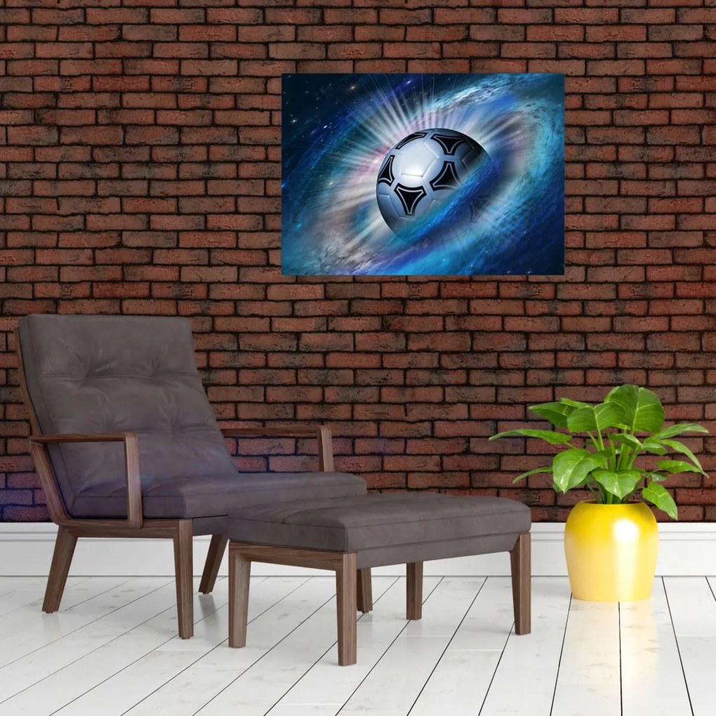 Tablou pe sticlă - Fotbal în spațiu (70x50 cm)