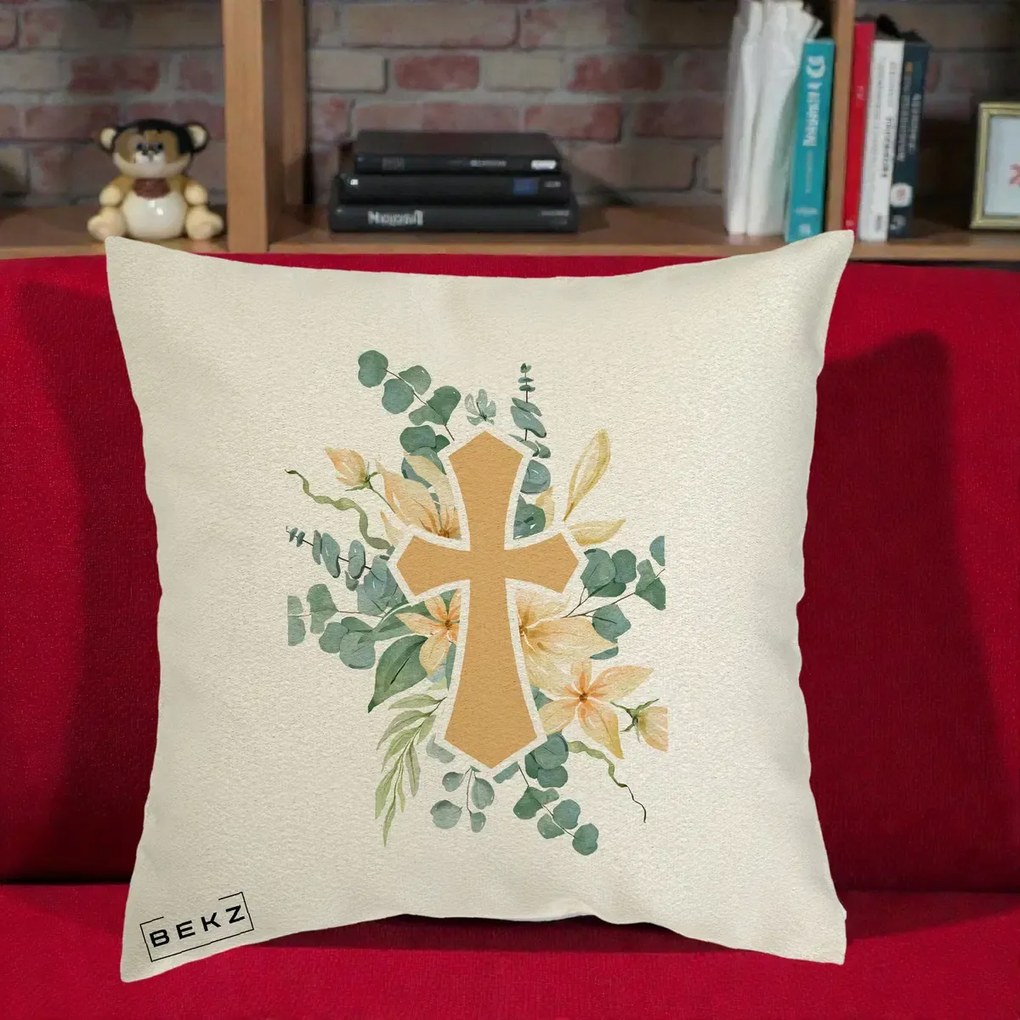 Perna Personalizata Cruce Florala Botez, 40x40 cm, Ecru, Husa Detasabila, Perna Inclusa, BEKZ®