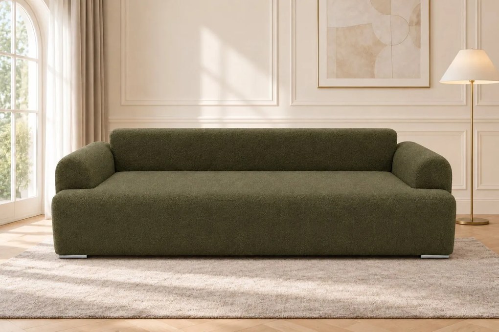 Canapea extensibilă Celeste din boucle, verde olive, cu ladă de depozitare