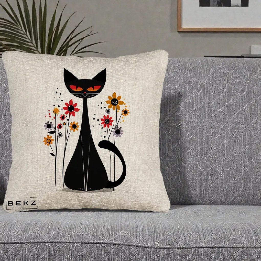 Perna Decorativa Pisica Neagra Ochi Rosii Flori, 40x40 cm, Bej Canapea, Husa Detasabila, Perna Inclusa, BEKZ®