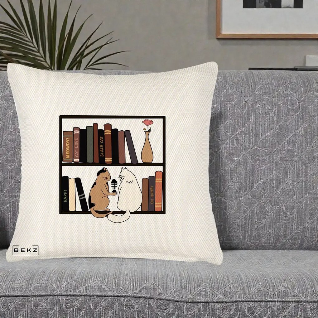 Perna Personalizata Pisici si Carti pe Raft, 40x40 cm, Crem Reliefat, Husa Detasabila, Perna Inclusa, BEKZ®