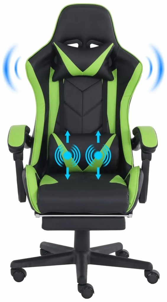 Scaun gaming, masaj în perna lombară, suport picioare, piele PU, Negru/Verde