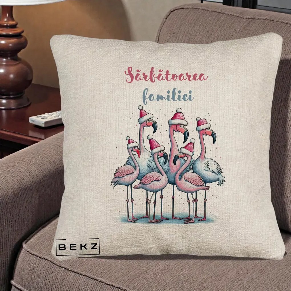 Perna Decorativa Flamingo Craciun Sarbatoarea Familiei, 40x40 cm, Bej Canapea, Husa Detasabila, Perna Inclusa, BEKZ®