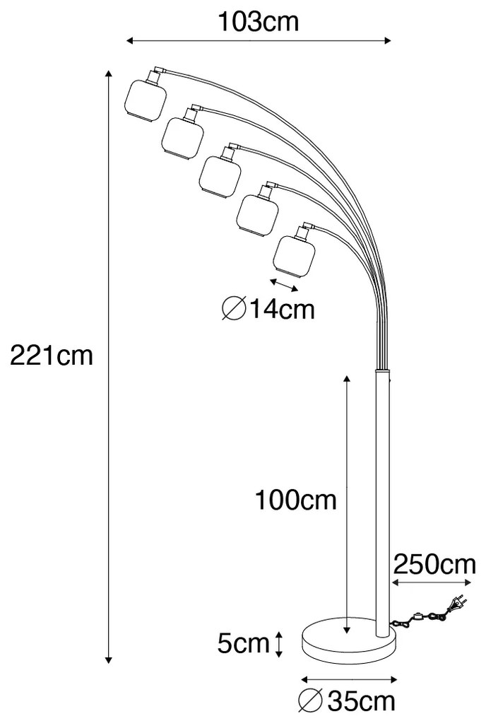 Lampa de podea neagră cu auriu cu sticlă fumurie cu 5 lumini - Zuzanna