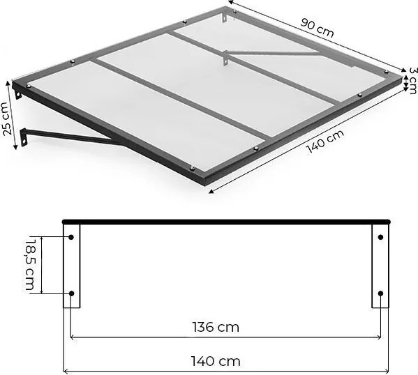 Copertină de intrare din policarbonat deasupra ușii cu structură din oțel Lățime: 80 cm | Lungime: 110 cm