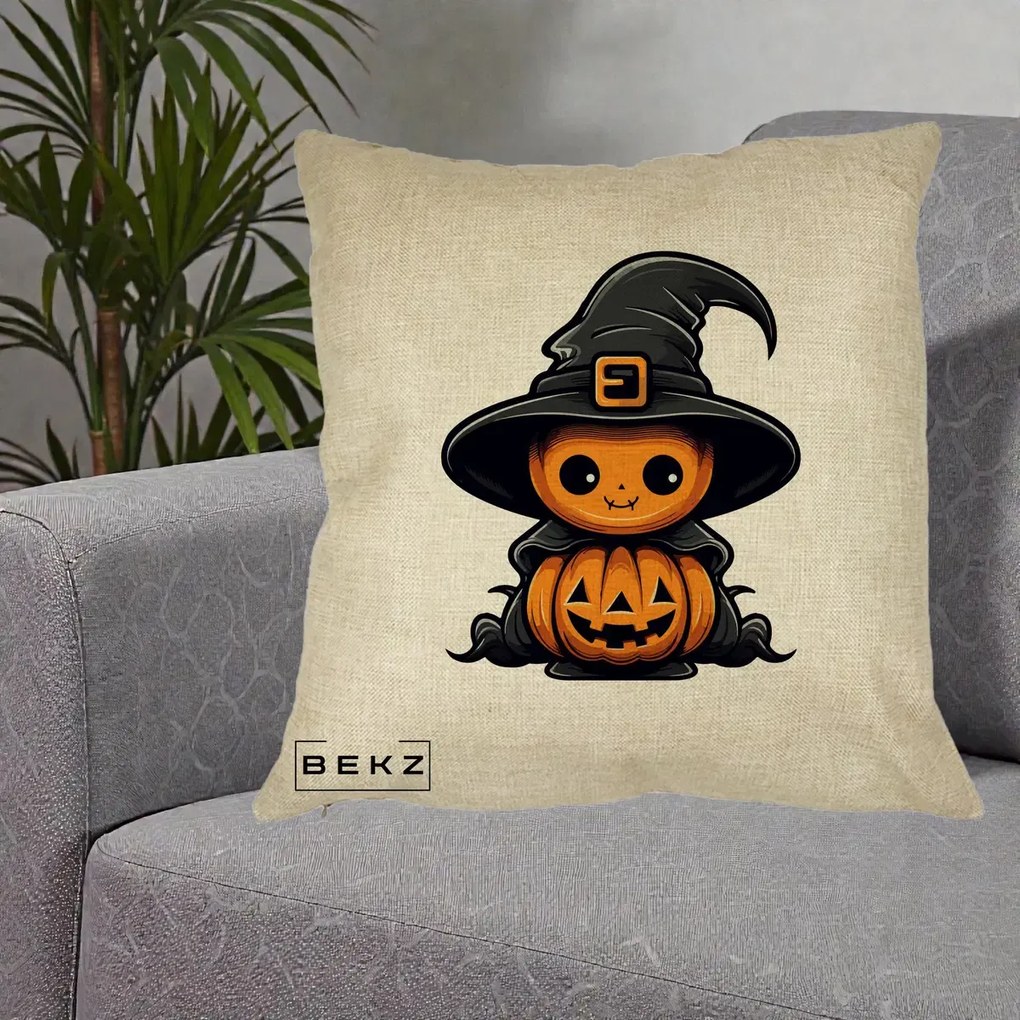 Perna Decorativa Halloween Dovleac Vrajitor Kawaii, 40x40 cm, Crem, Husa Detasabila, Perna Inclusa, BEKZ®