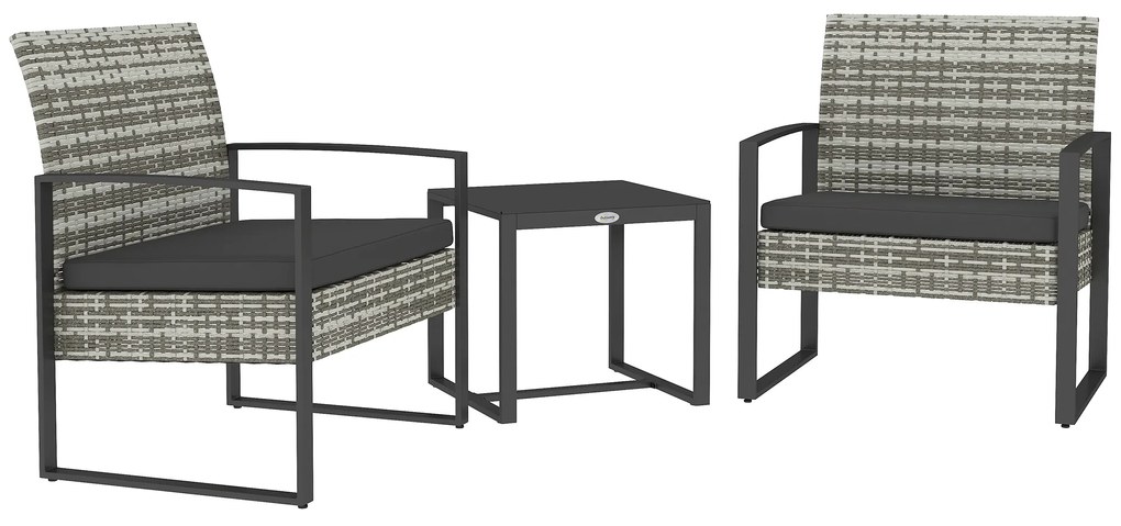 Outsunny Salon de jardin 3 piese 2 scaune cu perne + masă de cafea cu blat din sticlă securizată rășină tressée gri deschis | Aosom Romania