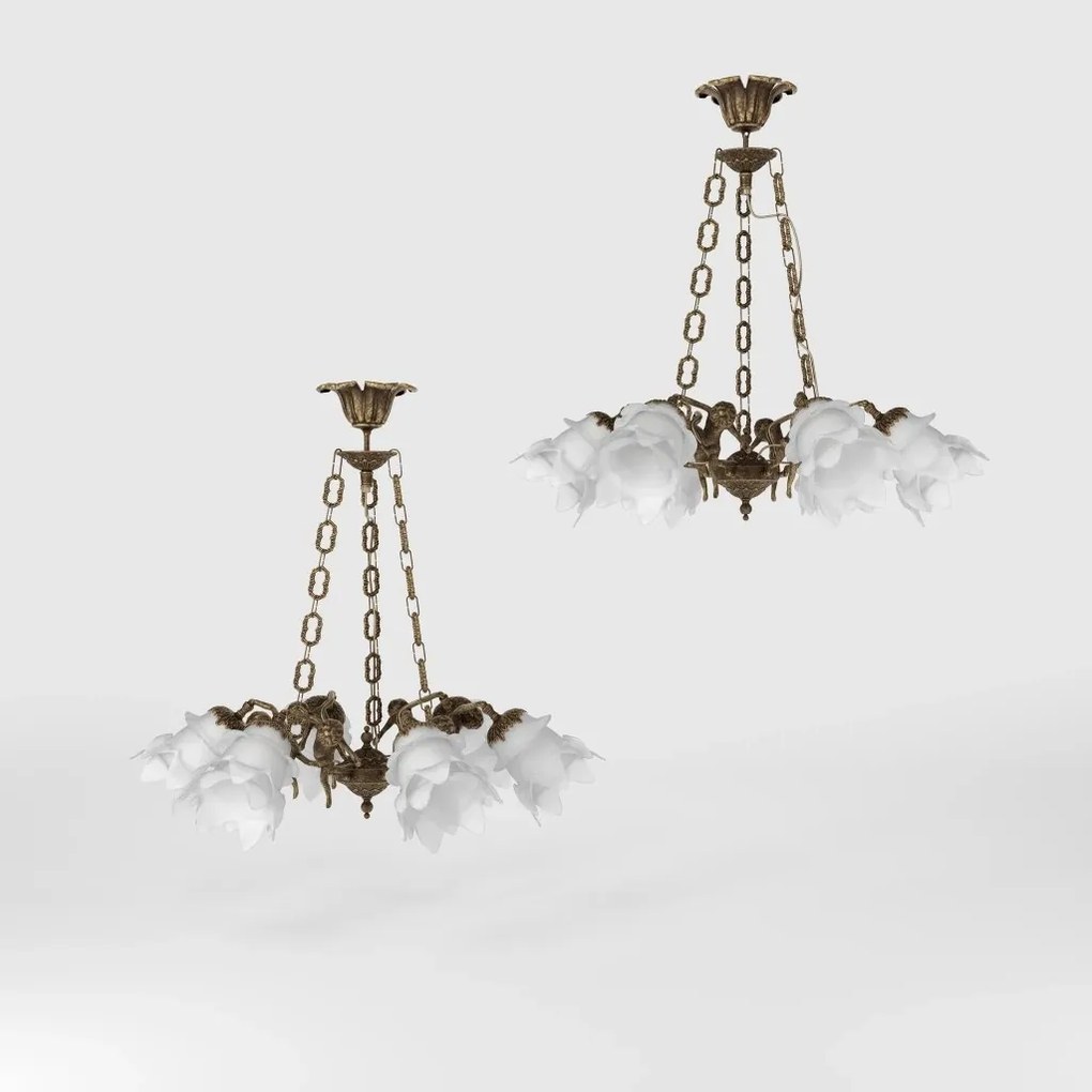 Candelabru 6 brate din alama cu abajur din sticla Putti