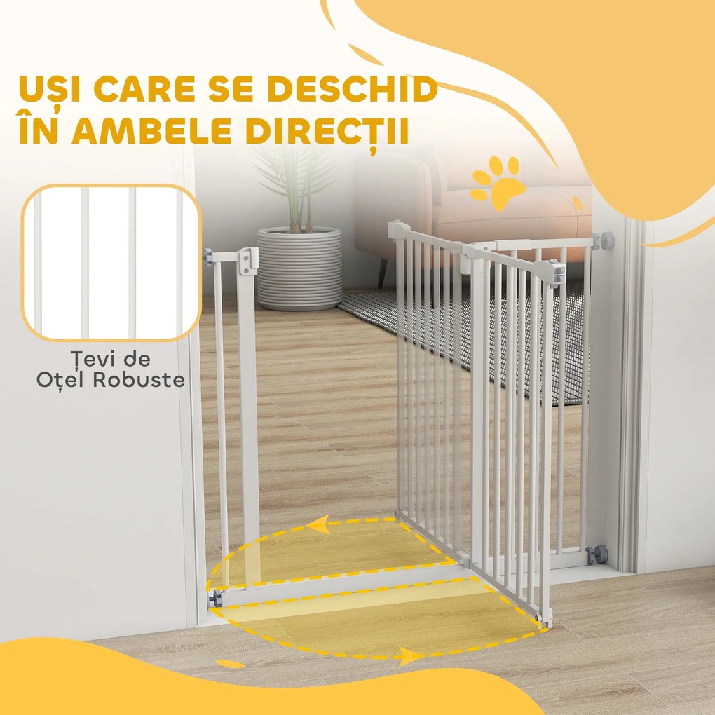 PawHut Poartă Extensibilă pentru Câini cu Montare prin Presiune, Barieră Închidere Automată și Extensie, 86x76.2 cm, Alb | Aosom Romania