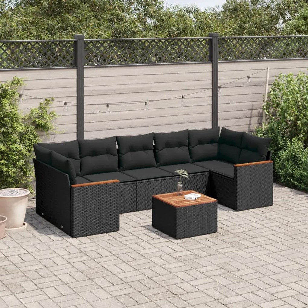 3258212 vidaXL Set mobilier de grădină cu perne, 8 piese, negru, poliratan