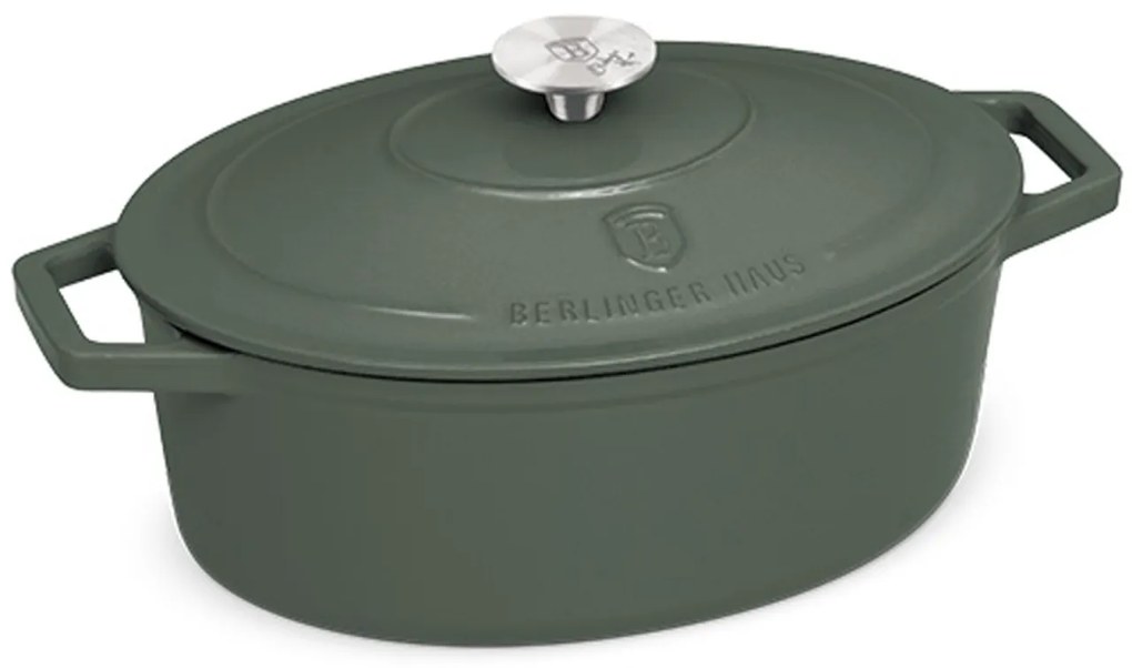 Oală din fontă emailată ovală cu capac 30 cm, 4.65L – Berlinger Haus Green Matte Collection BH 6545, verde, ideală pentru cuptor și rețete rustice