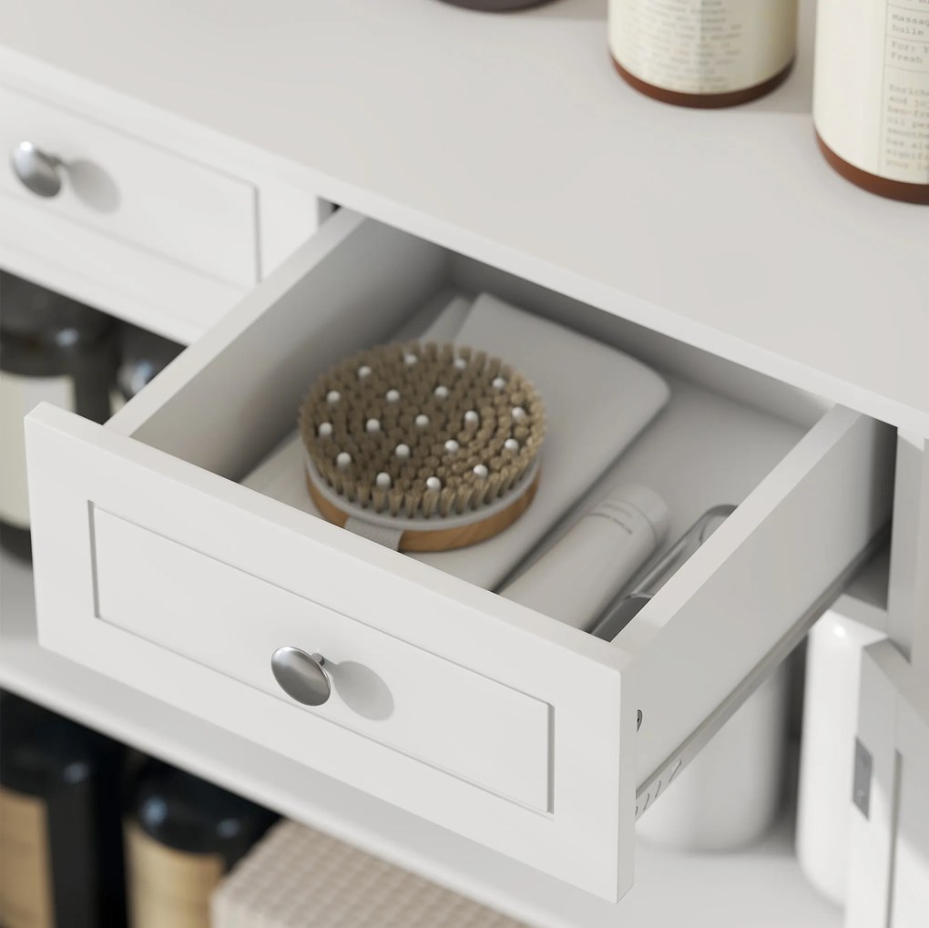 kleankin Dulap de Depozitare Organizator Independent pentru Baie de Podea cu 2 Usi, 2 Sertare si Raft Reglabil, Alb | Aosom Romania