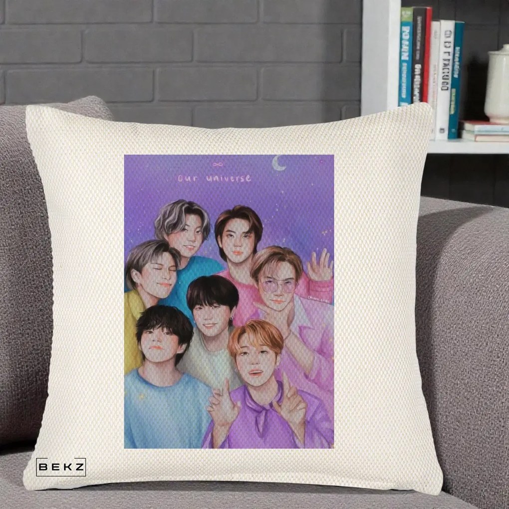 Perna Personalizata K-pop BTS Our Universe Fanart Violet Pastel, 40x40 cm, Crem Reliefat, Husa Detasabila, Perna Inclusa, BEKZ®