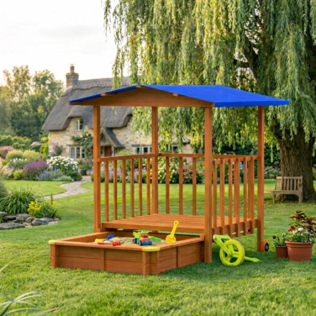 Groapa cu nisip cu verandă SUNNY, 130x130x143cm, maro/albastră Jurhan