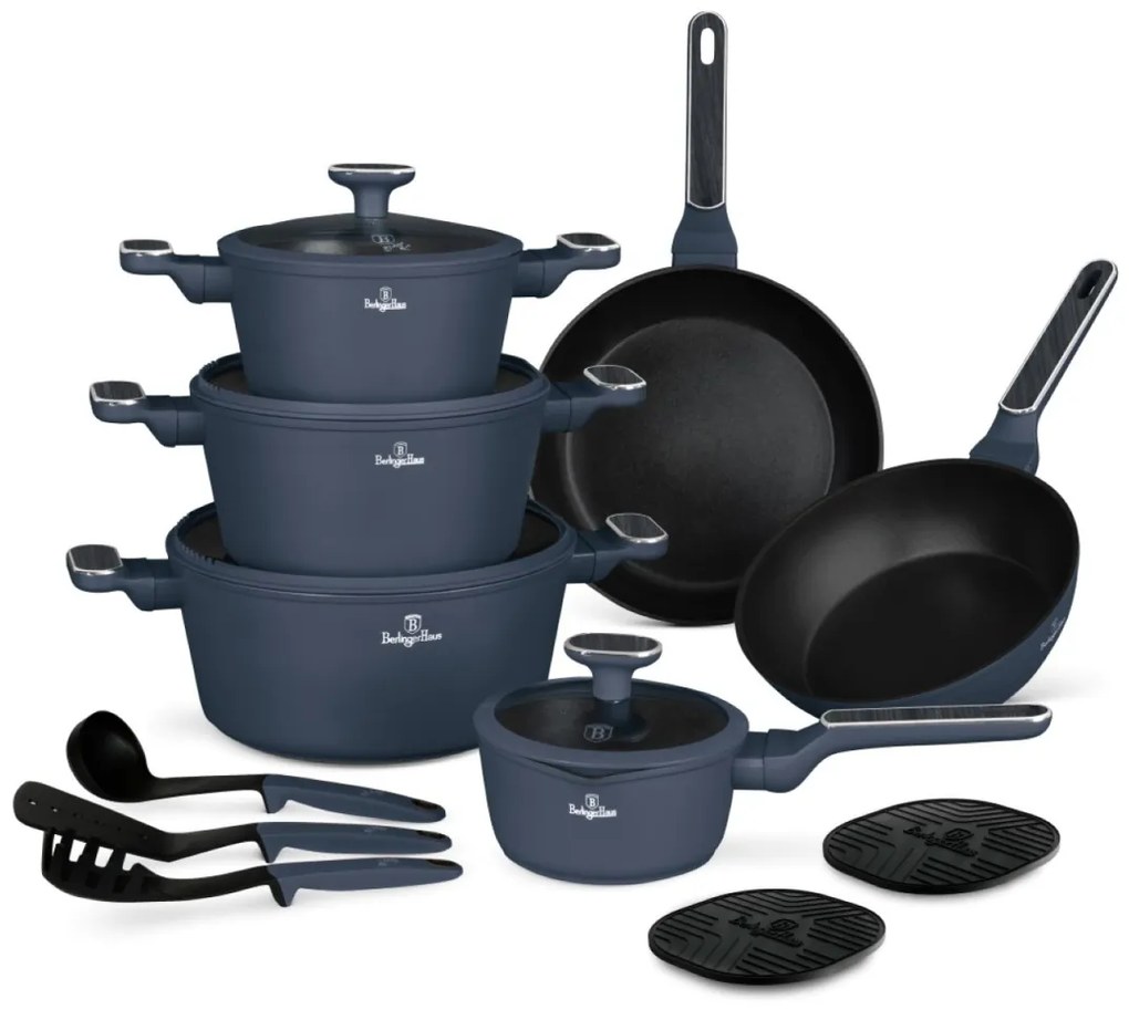 Set oale si tigai cu capace si ustensile 15 piese Deep Sea Berlinger Haus BH 8382, albastru mat, antiaderente, compatibile inductie