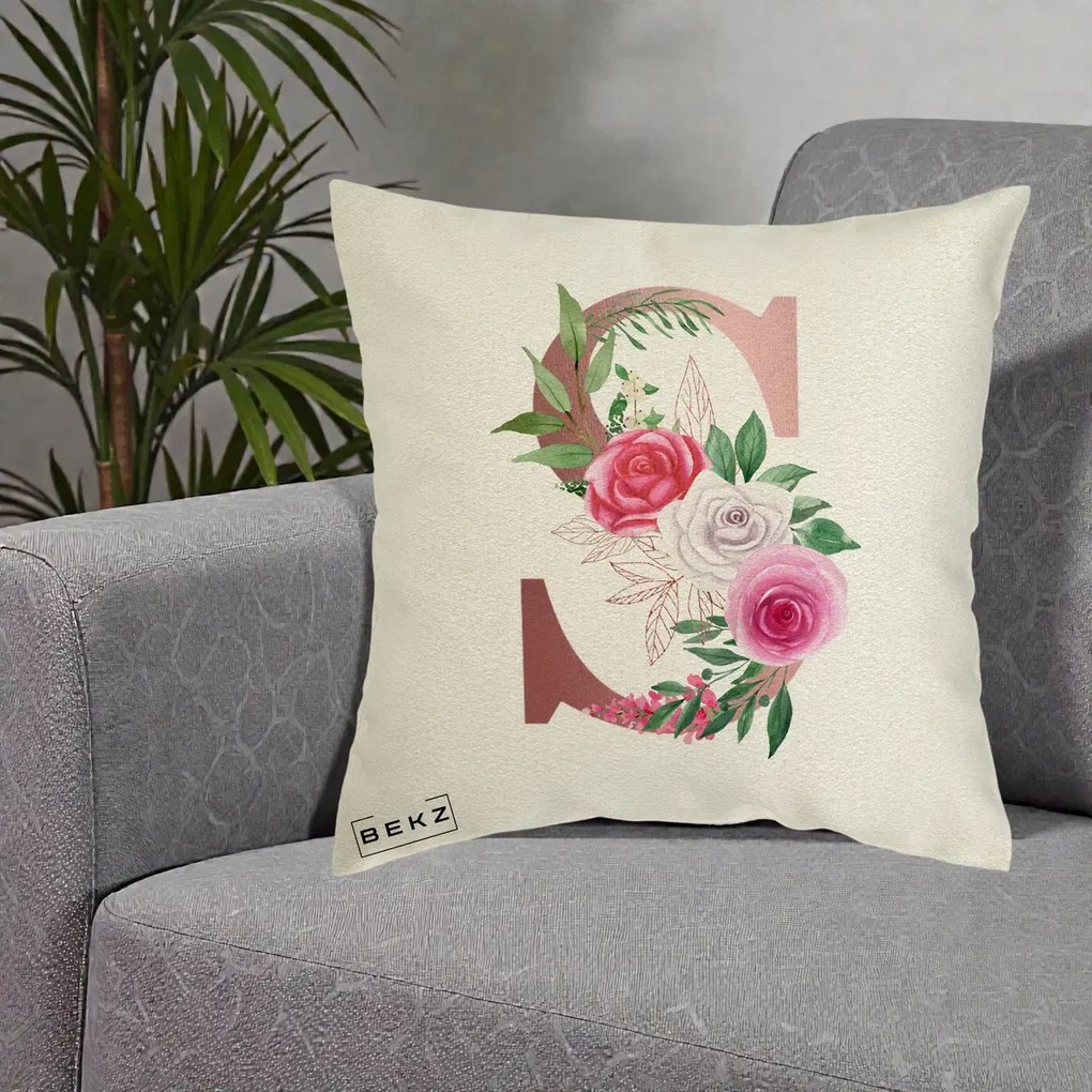 Cadou Personalizat - Perna Personalizata Monograma Rose Gold Litera S, 40x40 cm, Ecru, Husa Detasabila, Perna Inclusa, BEKZ®