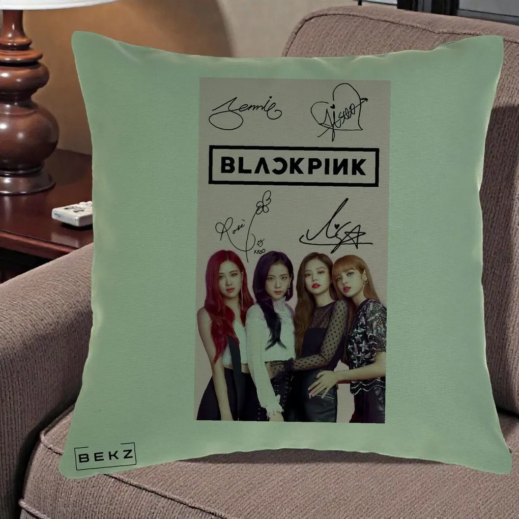 Perna Personalizata K-pop BLACKPINK Semnaturi si Foto, 40x40 cm, Verde, Husa Detasabila, Perna Inclusa, BEKZ®