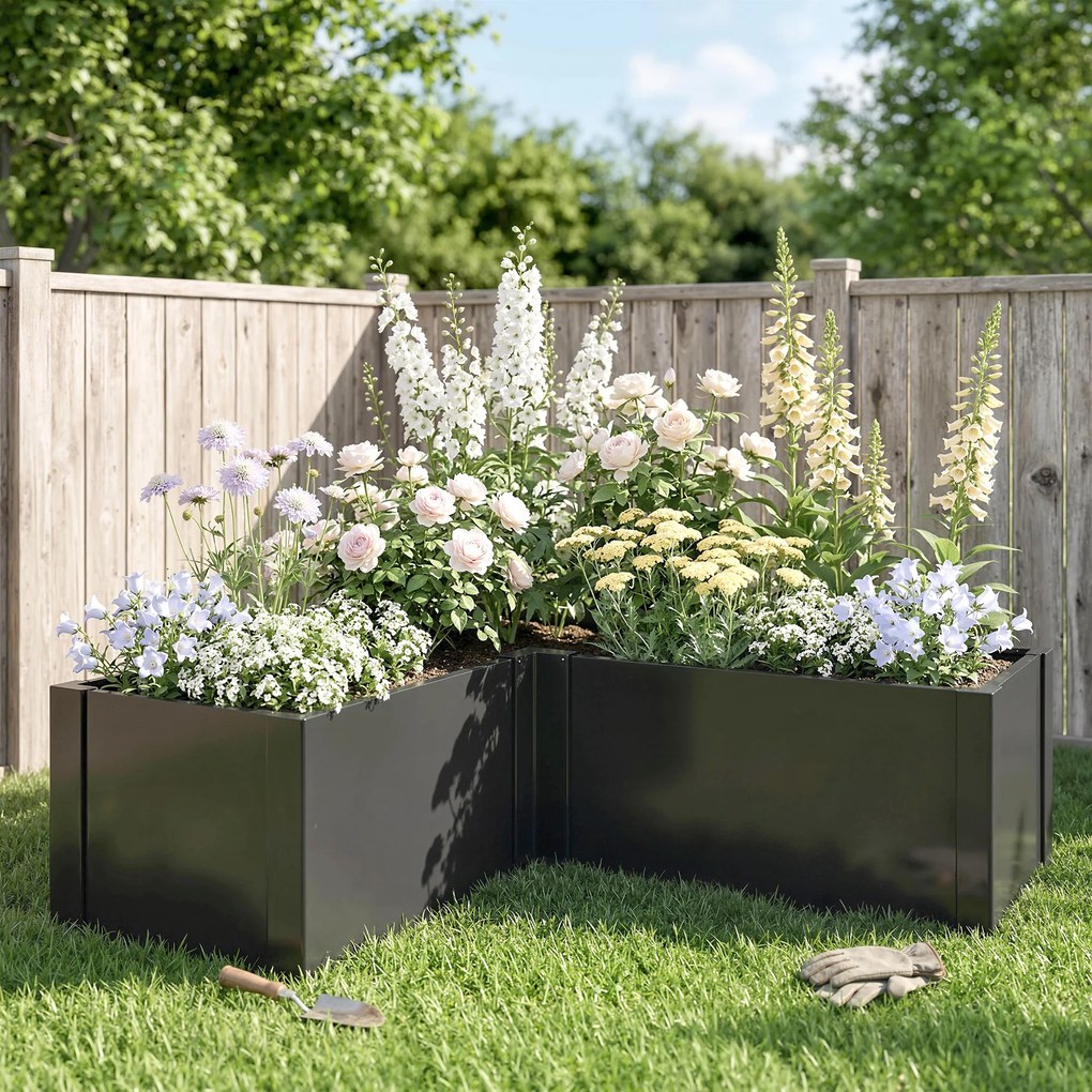 Outsunny Pat înălțat în formă de L pentru flori, rezistent la intemperii, pat de plantare/seră timpurie din oțel zincat 150 x 150 x 55 cm Negru | Aosom Romania