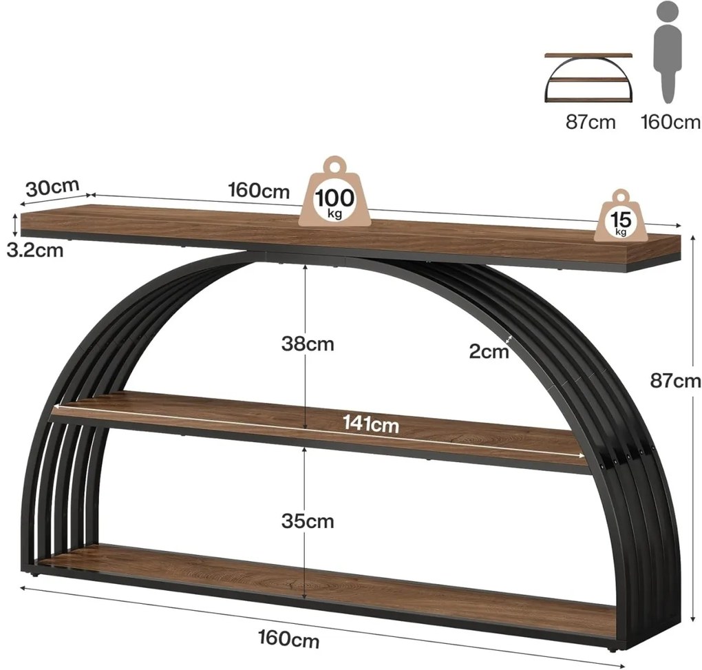 MACI35 - Masa Consola curbata, 160 cm, masuta hol, living, dormitor - Negru - Maro