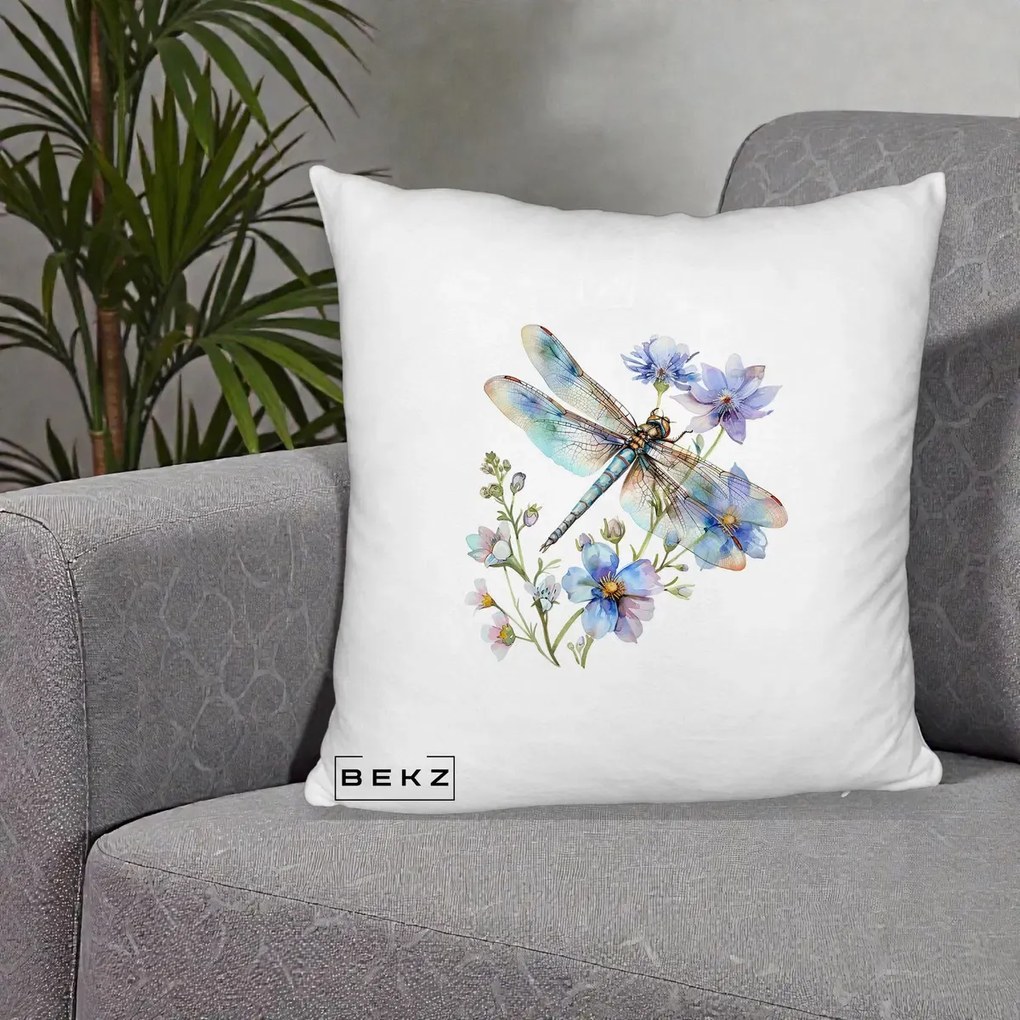 Perna Decorativa Libelula Acuarela Flori Albastre, 40x40 cm, Alb Pufos, Husa Detasabila, Perna Inclusa, BEKZ®