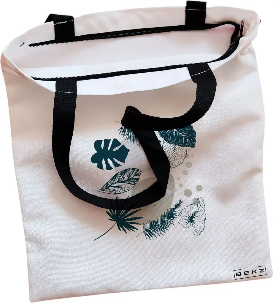 Sacosa de Panza pentru Cumparaturi, Geanta Tote, model Design Botanic, Cu fermoar, 38x34.5 cm, Alba, BEKZ®